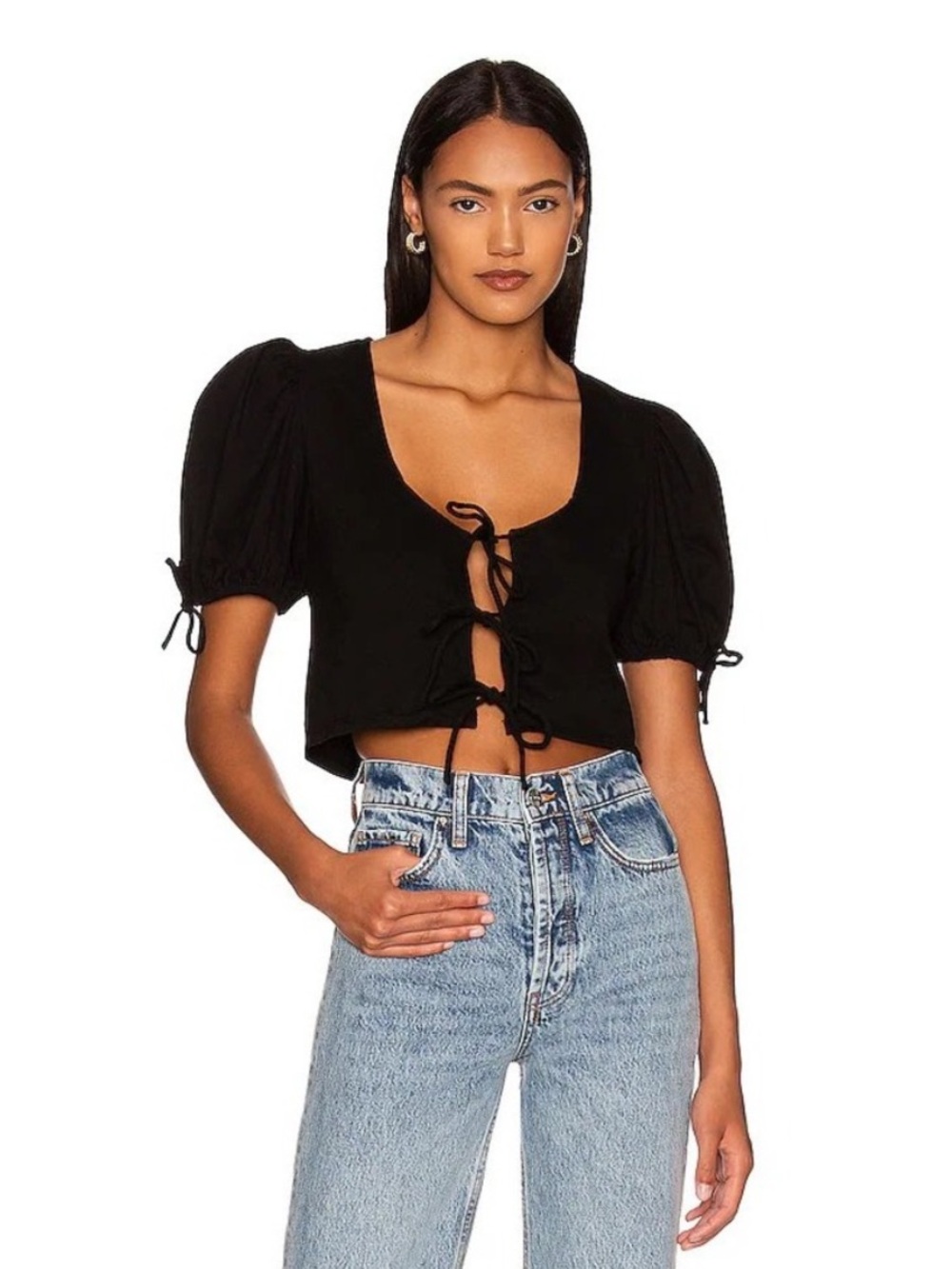 Free People Women's Black Tie-Front Puff Sleeve Top - Picture 1 of 5